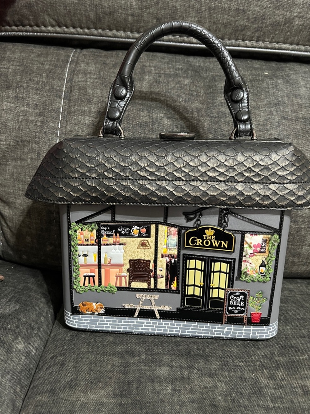 The Crown Pub-Print Structured Top-Handle Women's Bag in Black
